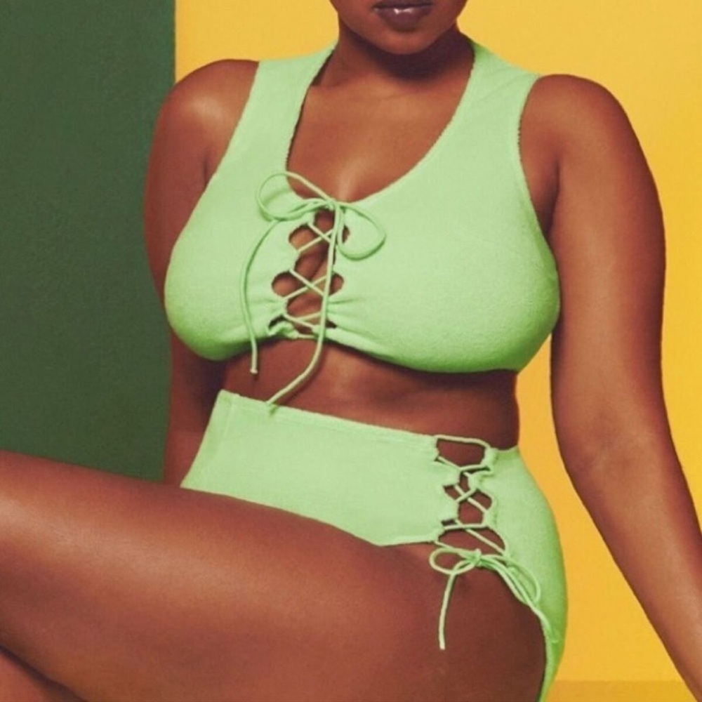 Savage X Fenty Fluorescent Green Sleeveless Crop Terry Cloth Tie Up Tank sz S